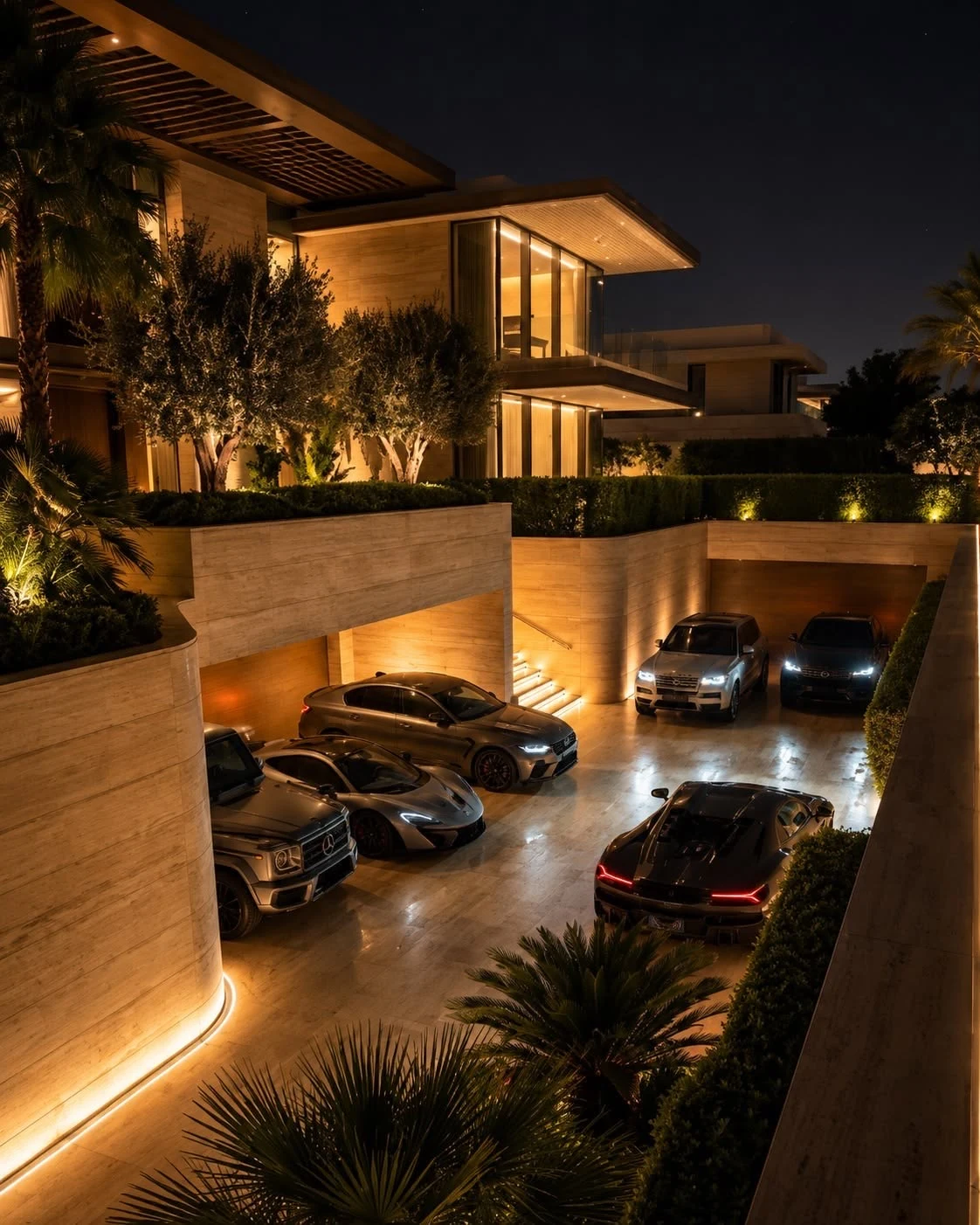Gece ışıklarıyla aydınlanan lüks villa ve süper otomobil koleksiyonu