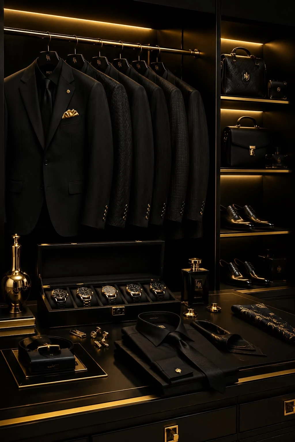 Altın detaylarla aydınlatılmış, koyu tonlu bir lüks butik vitrini