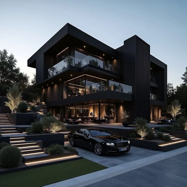 Gece ışıklarıyla aydınlanan modern villa ve otomobil